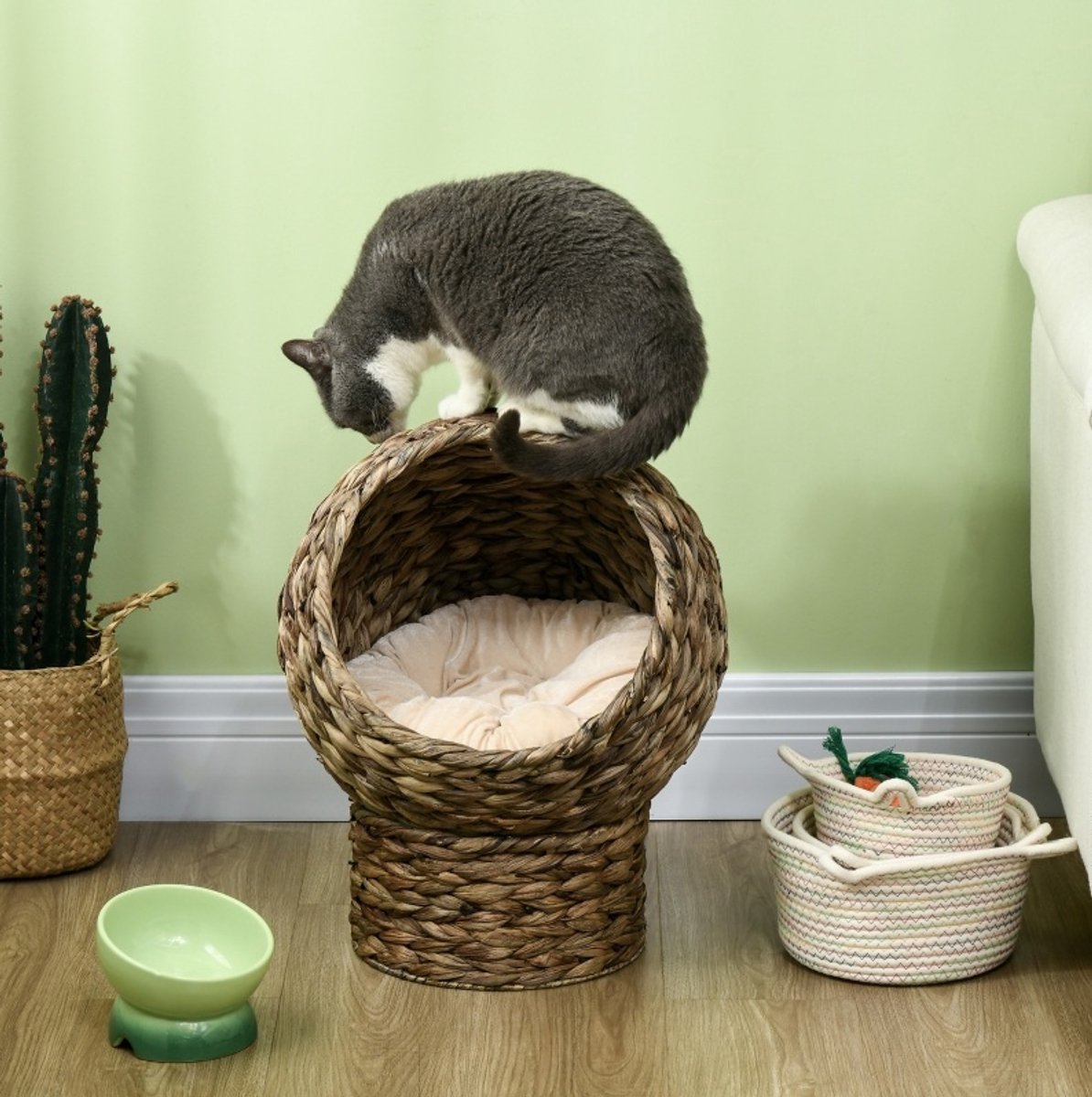 MODFU-Kattenmand-Waterhyacint-Met Kussen-Bruin Grijs-40 X 37 X 51 Cm