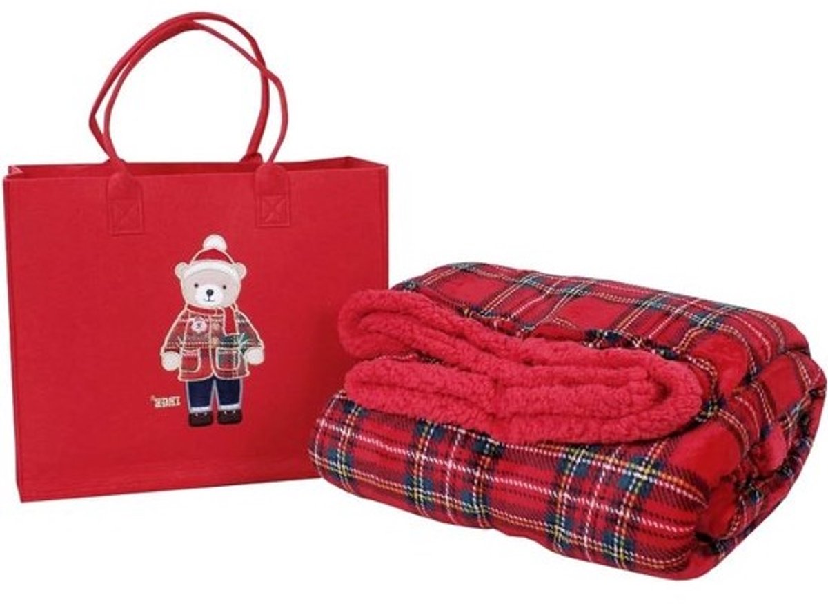 Kerstdeken Sherpa Fleece - Feestelijke Plaid - Gezelligheid Creëren - Met Bijpassende Tas - 200cm x 225cm - Rood