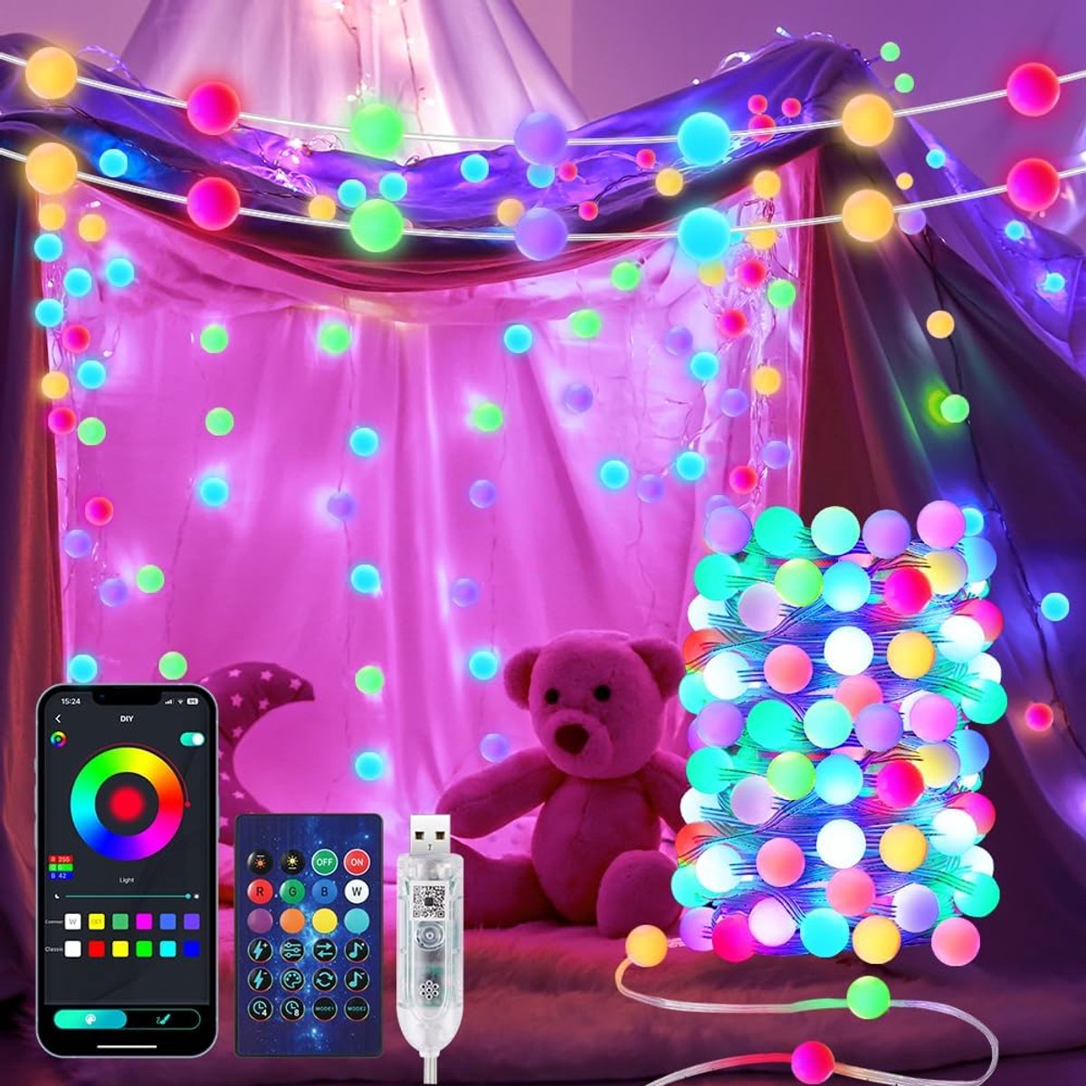 Lichtsnoer 10m - 66 LED - USB - App-bediening - RGB meerkleurig - Halloween - Binnen en Buiten