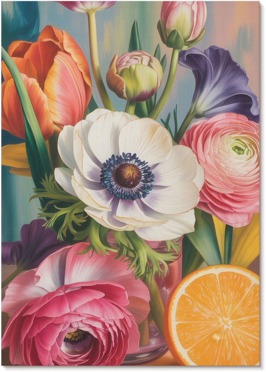 Tulup Polycanvas Poster - Kleurrijke Bloemen, Schilderen - A4 - Oranje Illustratie - Rechthoek - Muurdecoratie - Woonkamer, Slaapkamer, Kantoor - Klassiek