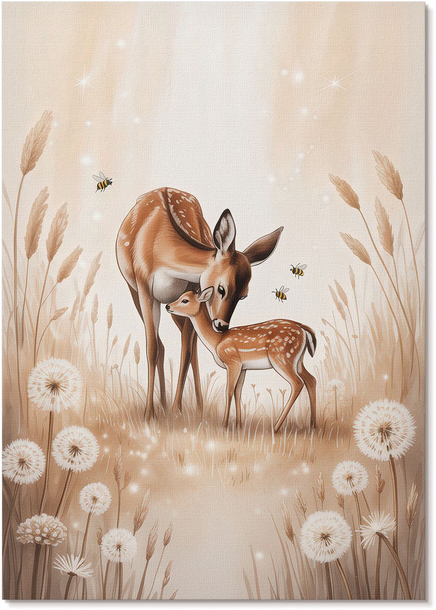 Tulup Polycanvas Wandposter - Twee Herten, Illustratie - A4 - Beige Patroon - Rechthoek - Interieurdecoratie - Woonkamer, Slaapkamer, Kantoor - Kinder