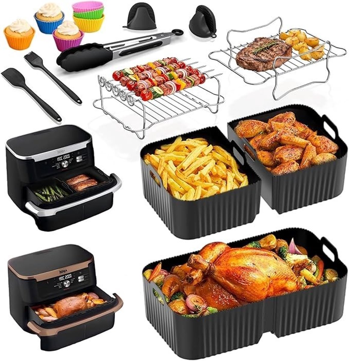 PolkaHome Accessoires voor Heteluchtfriteuses - Siliconen Mal voor Ninja AF500EU 10,4L Airfryer, 22-delig Inzetstuk met Grillrek en Spiesen