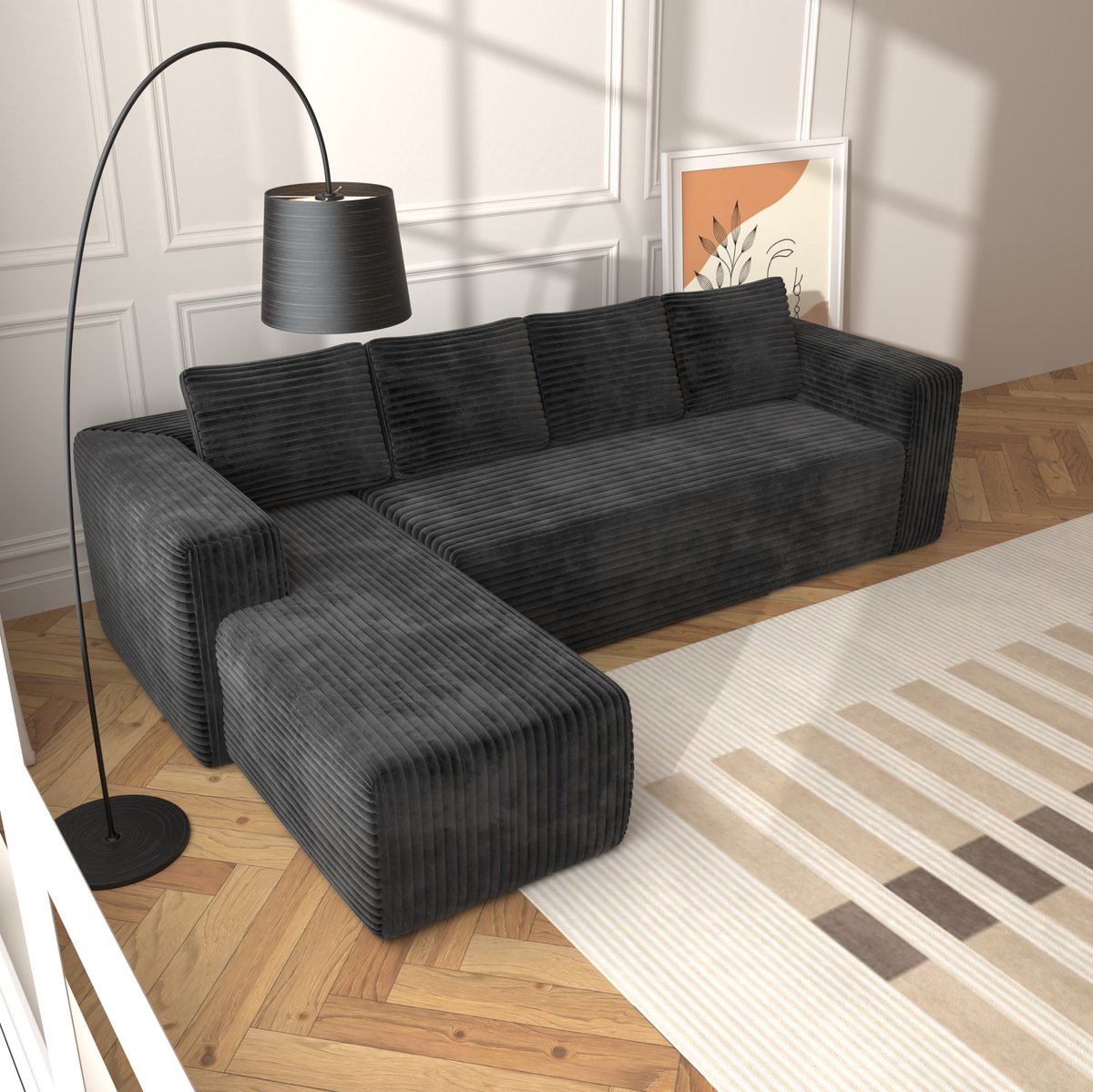 REDOM Hoekbank - Modulaire L-vormige bank met chaise longue - Vrij te combineren en omkeerbare hoekopstelling - Moderne stijl - Woonkamer en slaapkamer - Stof - Zwart