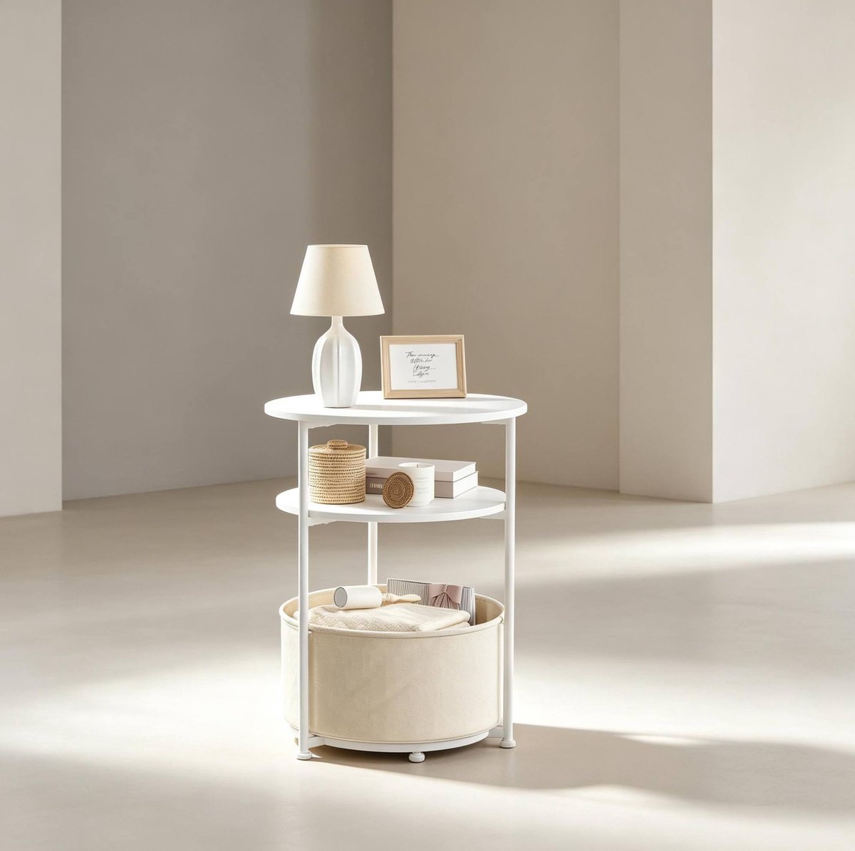 MODENUIT Bijzettafel - Rond Met Opbergbak - Woonkamer En Slaapkamer - Metaal En Spaanplaat - Wit - 43 Cm