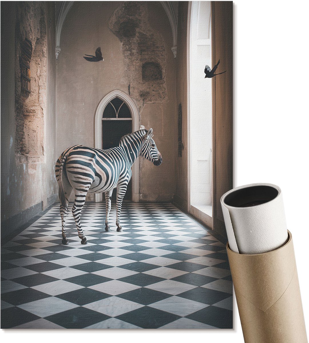 Coloray Canvas Poster Polycanvas - Zebra In De Architectuur, Fotografie - A4 - Zwart-wit Decoratie - Rechthoek - Kunstposter - Woonkamer, Slaapkamer, Kantoor - Modern