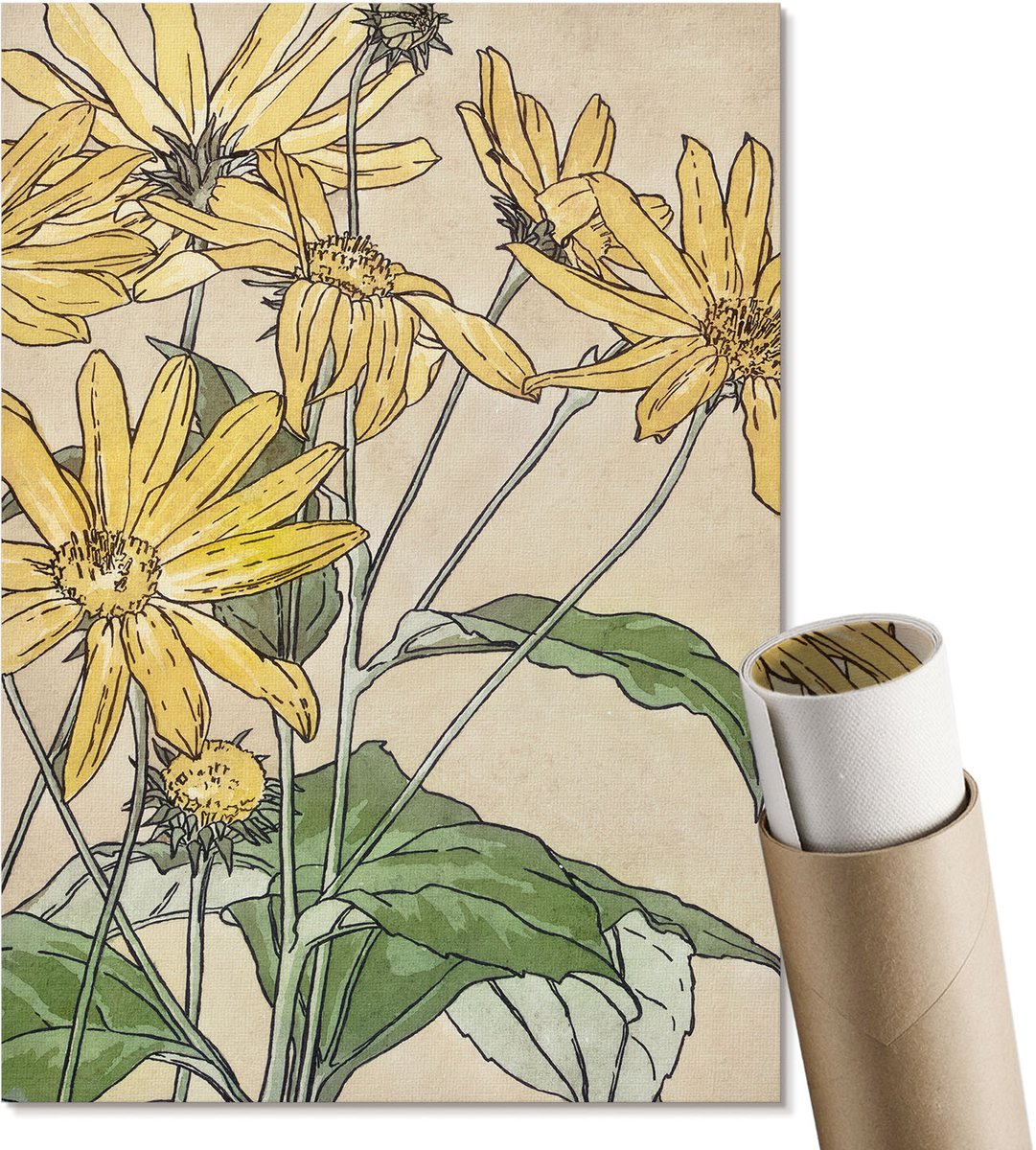 Coloray Polycanvas Wandposter - Zonnebloemen, Waterverf - A4 - Geel Illustratie - Rechthoek - Wandkunstwerk - Woonkamer, Slaapkamer, Kantoor - Romantisch
