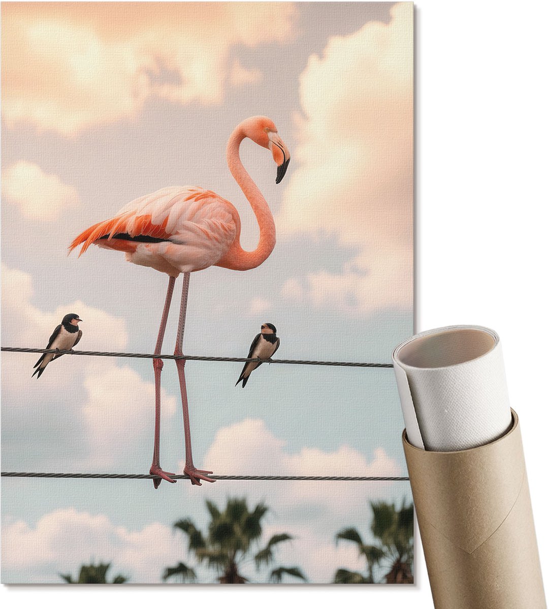 Coloray Polycanvas Wandposter - Flamingo Aan Een Kabel, Fotografie - A4 - Roze Design - Rechthoek - Muurkunst - Woonkamer, Slaapkamer, Kantoor - Humoristisch