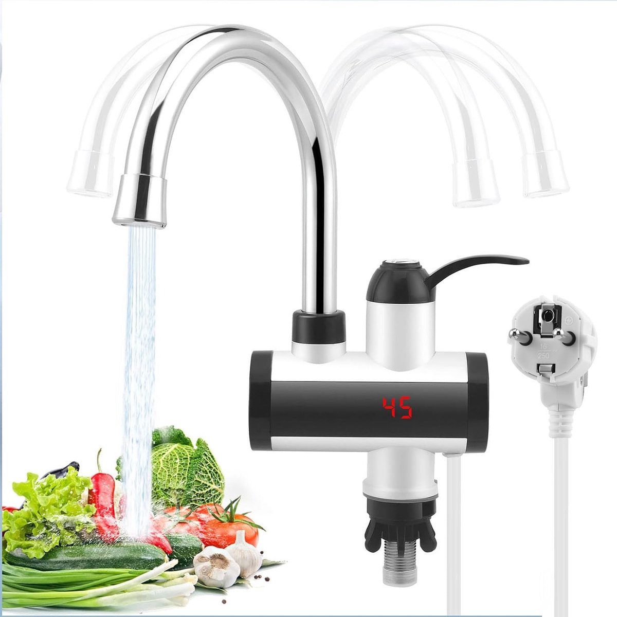 Elektrische waterkraan met doorstroomboiler - 3300 W, elektrische kraan met flexibele uitloop en lcd-temperatuurweergave, 360 graden draaibare roestvrijstalen warm - en koudwaterkraan voor de keuken [Energieklasse B]