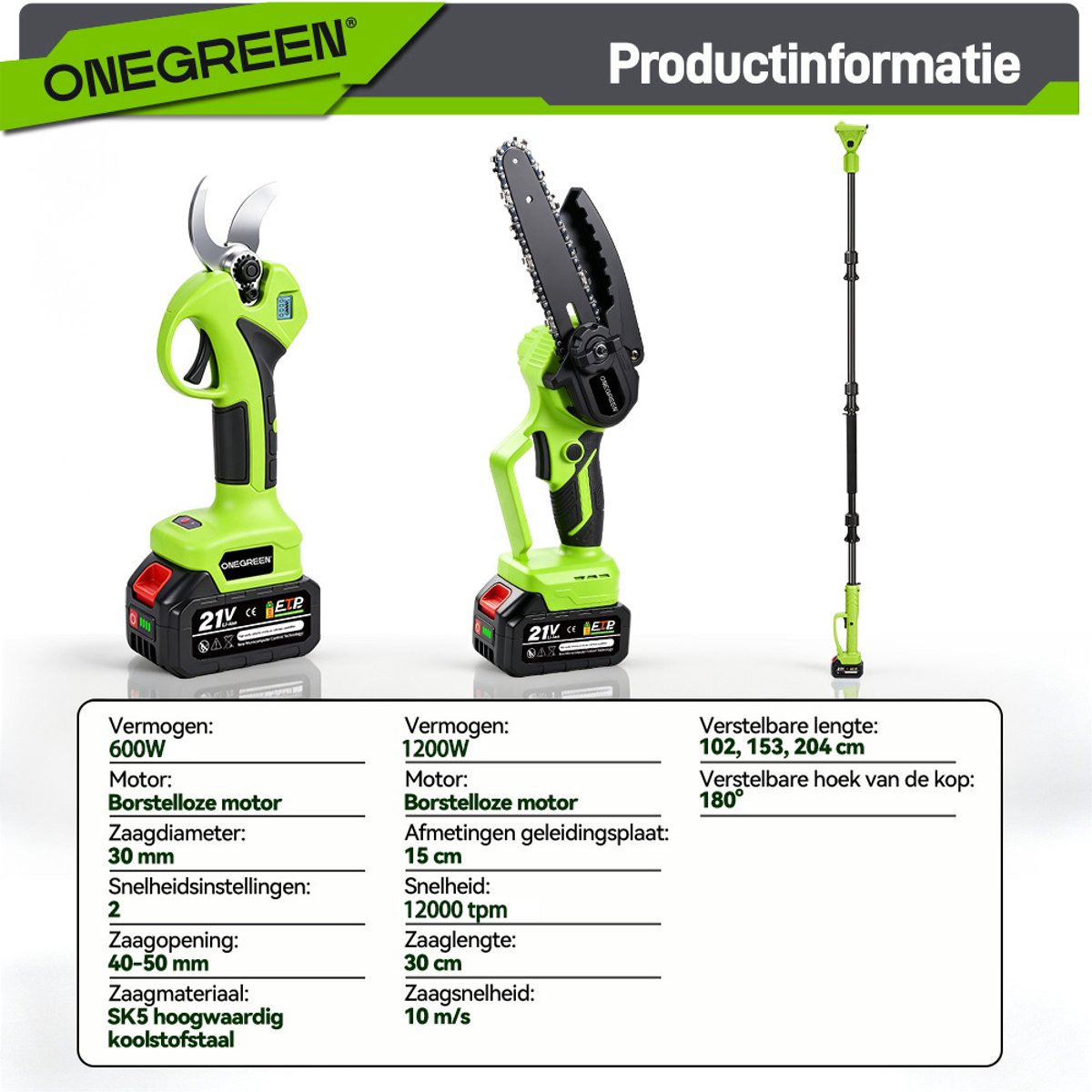ONEGREEN Kettingzaag Telescopische Steel - Elektrische Snoeischaar - met 2 Accu's - Snoeizaag - werkhoogte tot 2 m - voor boomtakken, houtzagen thumbnail 3