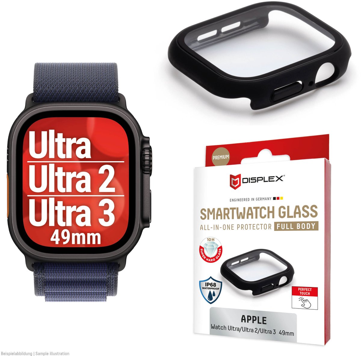 Displex 10H Panzerglas für Apple Watch Ultra/Ultra2 (49mm), Full Body Schutz, IP68, Snap-On, black frosted, Schermbeschermer, Smartwatch, Zwart, Apple, Apple Watch Ultra/Ultra2 (49mm), Polycarbonaat (PC), Gehard glas