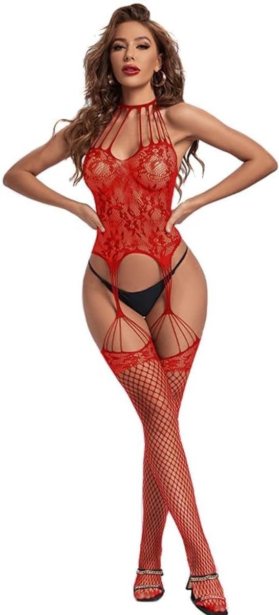 Verleidelijke Jarretel Bodystocking voor Dames met Open Kruis en Visnet Design - Aansluitende Lingerie Catsuit voor Feestelijke Avonden en Nachtkleding