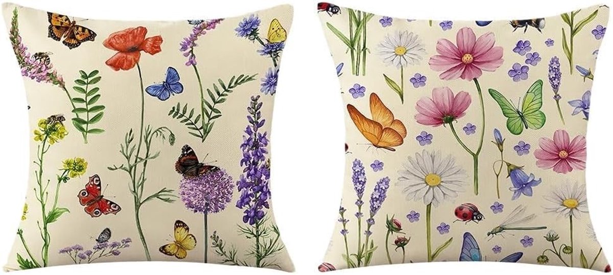 Decoratieve kussenslopen 45 x 45 cm met botanische bloemen en vlindermotieven voor woonkamer en slaapkamer, set van 2, vierkant en stijlvol
