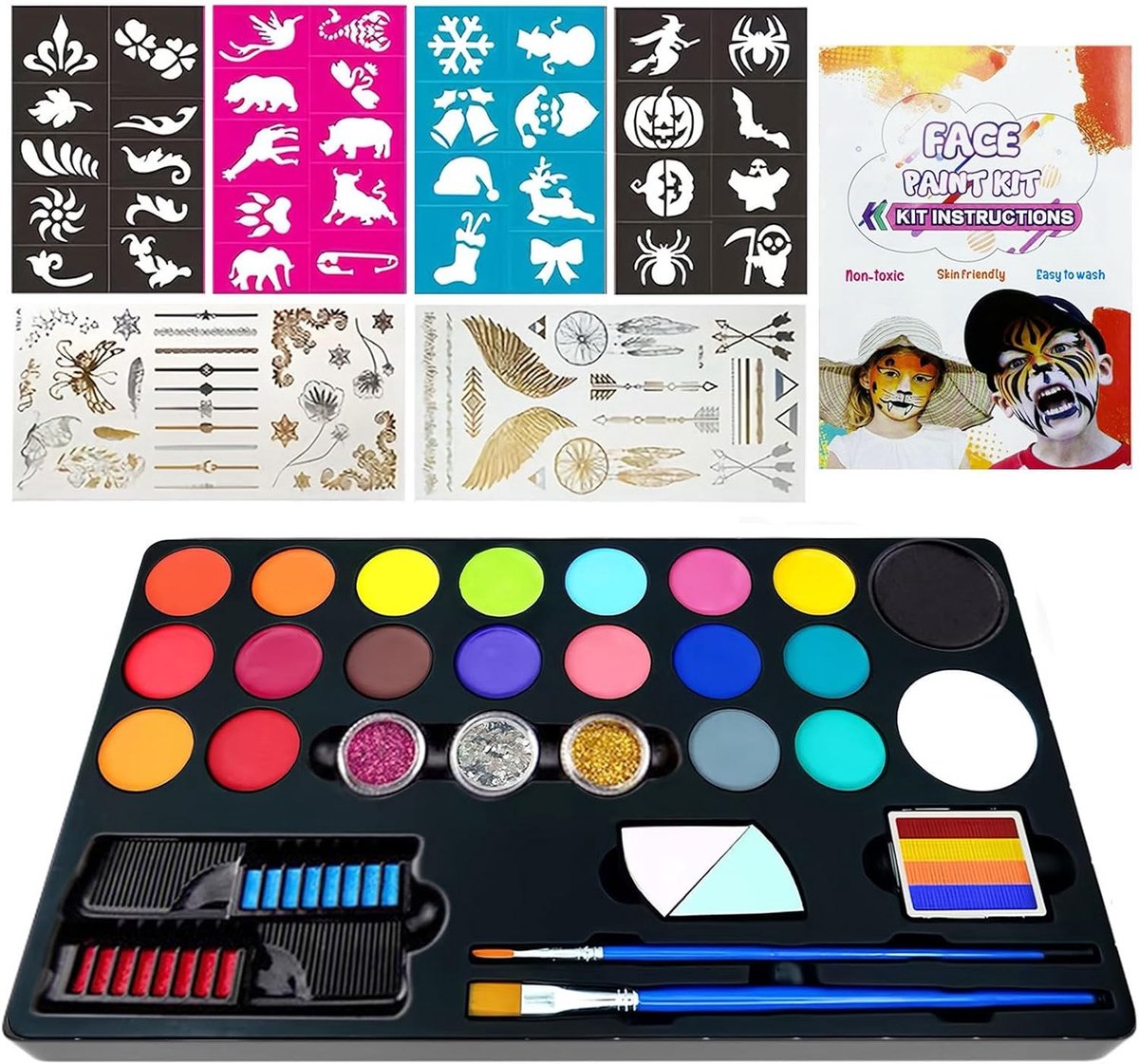 Professionele Make-up Palette voor Kinderen, 32 Stukken, Hypoallergene Gezichtsverf in 20 Kleuren voor Carnaval, Verjaardag en Feestjes met Borstels en Stickers