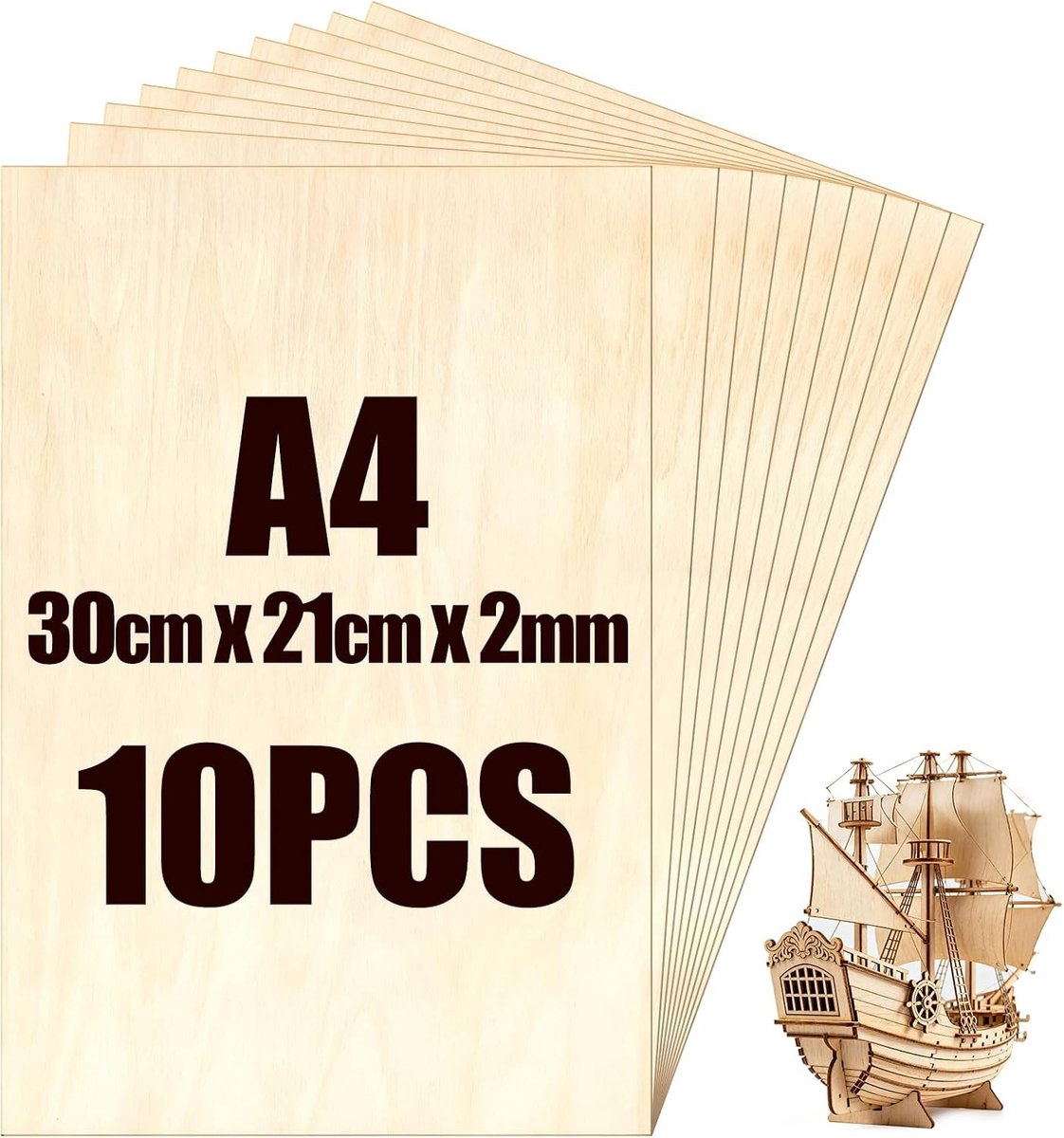 Set van 10 A4 Multiplex Platen, 300 x 210 x 3 mm, Hout voor Creatieve Projecten, Brandverven, Laser Snijden en CNC Modellen