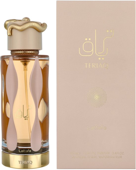 Parfumfles met gouden slangenstop en beige doos, voorzien van Arabische tekst, Lattafa-branding en 100ml Eau de Parfum.