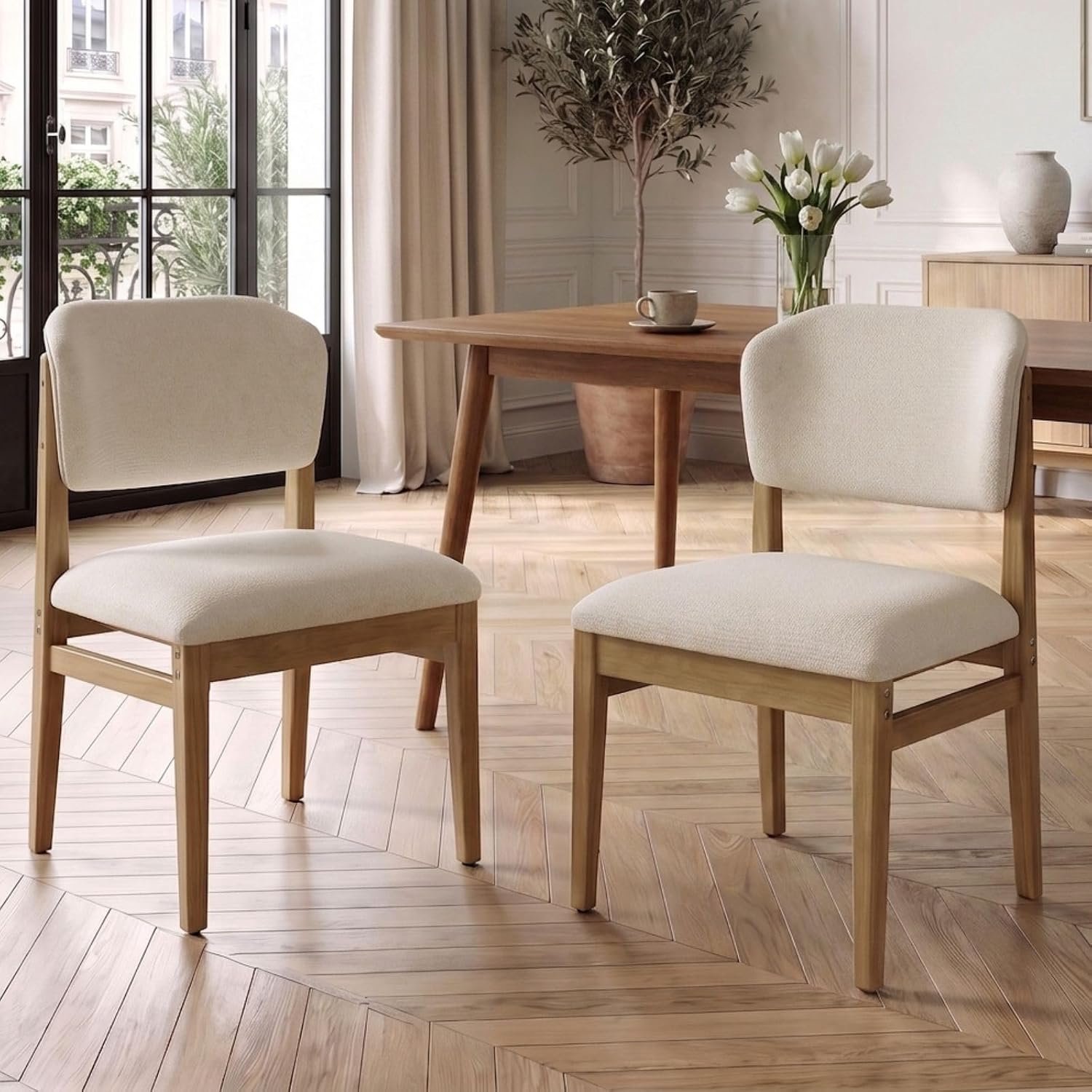 Scandinavische Houten Eetkamerstoelen met Chenille Bekleding en Gebogen Rugleuning Set van 4 Wit met Donkerhouten Poten – 57 x 51 x 78 cm