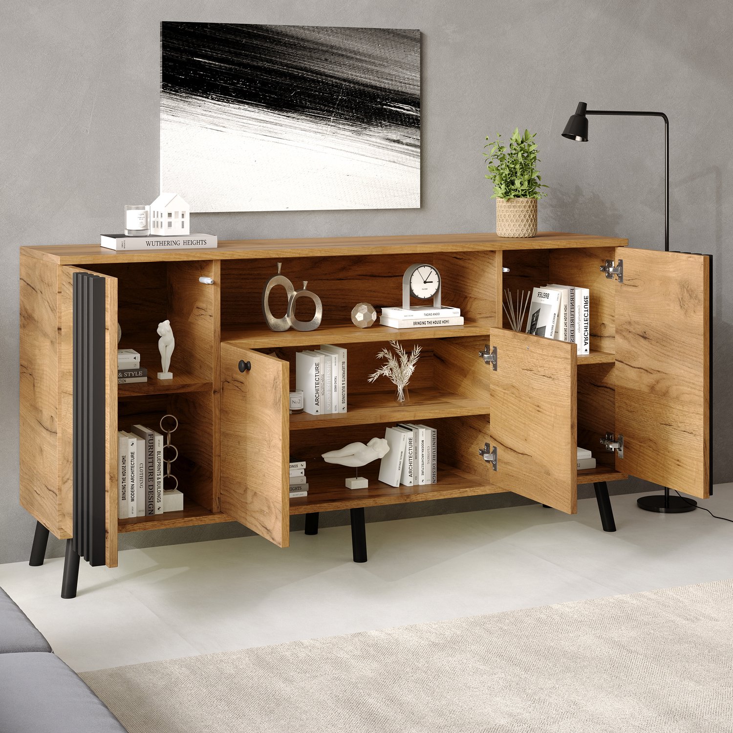 COVREO Dressoir met 4 deuren – Opbergkast met vakken – Sideboard voor woonkamer en eetkamer – 140x35x71 cm – Houtlook en zwart