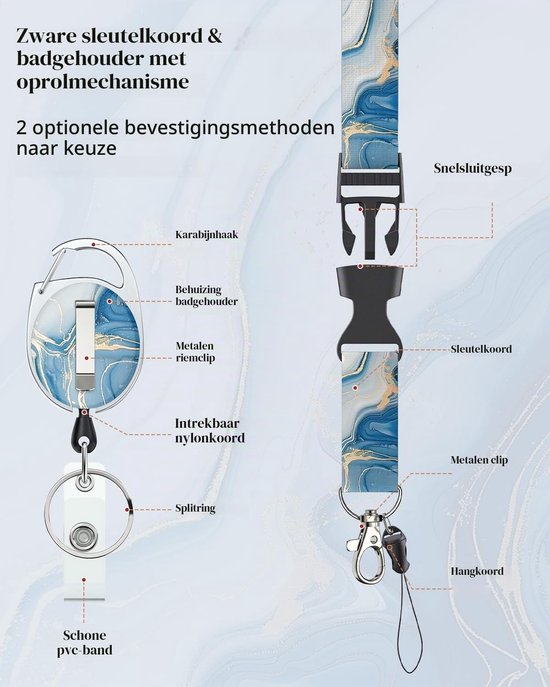Stijlvolle Badgehouder met Retractable Reel en Afneembare Lanyard - Blauwe Marmerlook, Verticale Kaartbeschermer voor Werk en Evenementen — afbeelding 2
