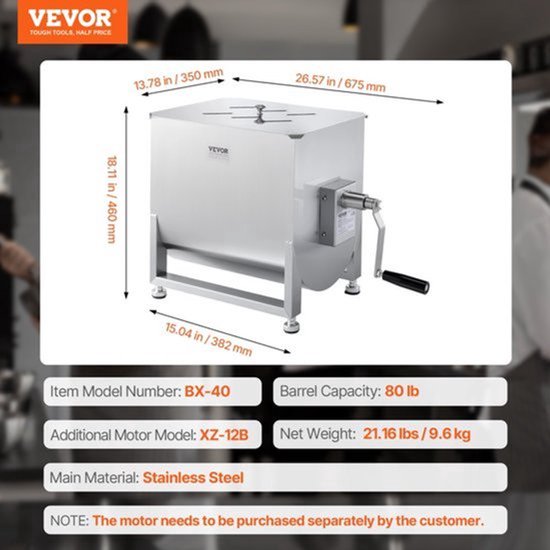 Handmatige Vleesmenger 40L - 9,6 Kg Roestvrij Staal - Worstmenger Vleesverwerker - Keukenmixer — afbeelding 3