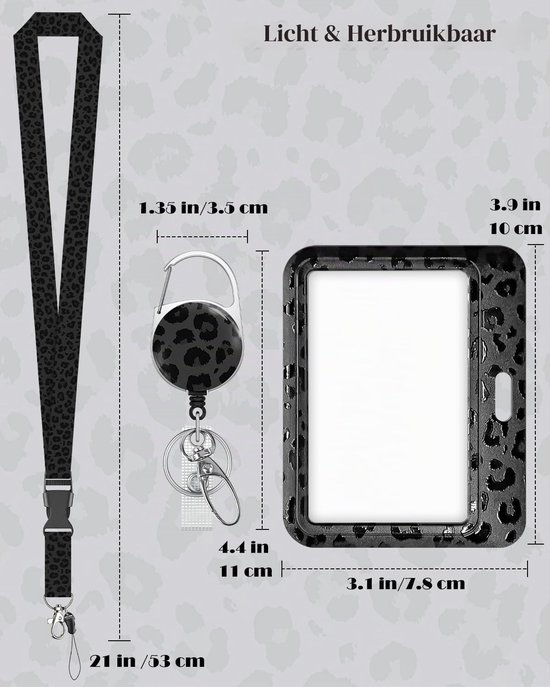 Stijlvolle Badgehouder met Retractable Reel, Carabiner Clip en Afneembare Lanyard voor Werk en Zorgprofessionals - Zwart Luipaardprint — afbeelding 5