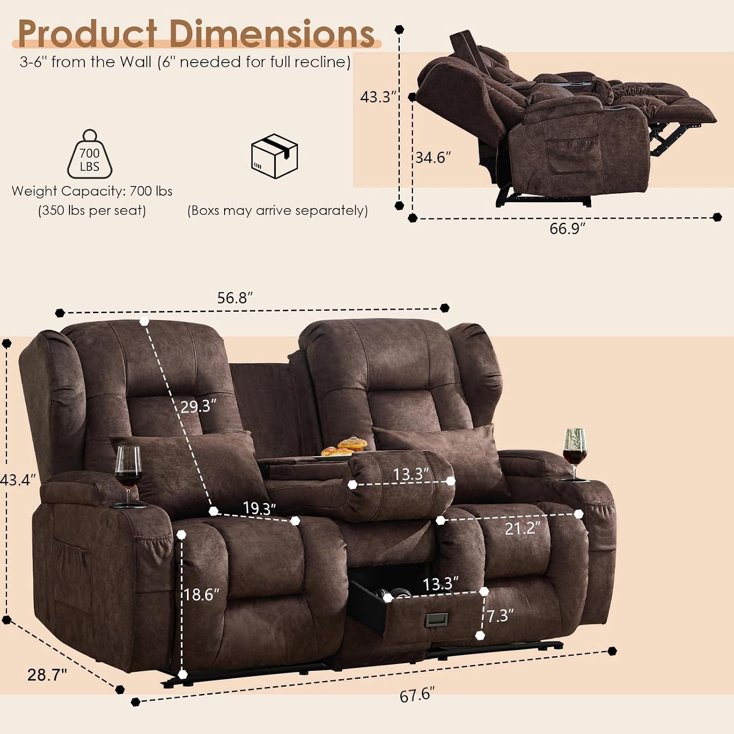 CineMax Luxe 2-Zits Cinema Relaxbank Met Klaptafel & Stopcontacten – Handmatig Verstelbare Thuisbioscoop Stoel Met Bekerhouders & Lade – Velours Bruin – 171,7 x 72,9 x 110,2 cm