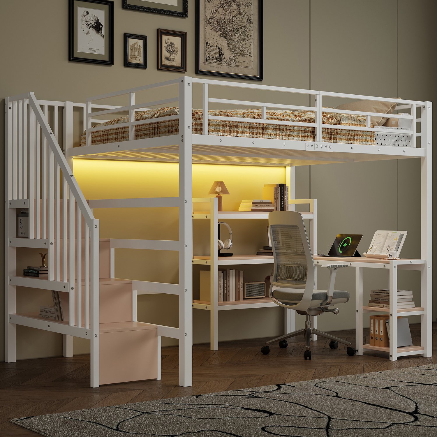 Kinderbed, Tweepersoonsbed, 140x200 Metalen hoogslaper met trap, geïntegreerd bureau, opbergvakken, USB-laadstation en LED-verlichting, Wit