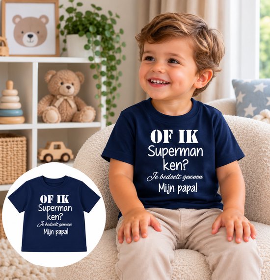 Donkerblauw kindershirt met witte tekst: Of ik Superman ken? Je bedoelt gewoon mijn papa!