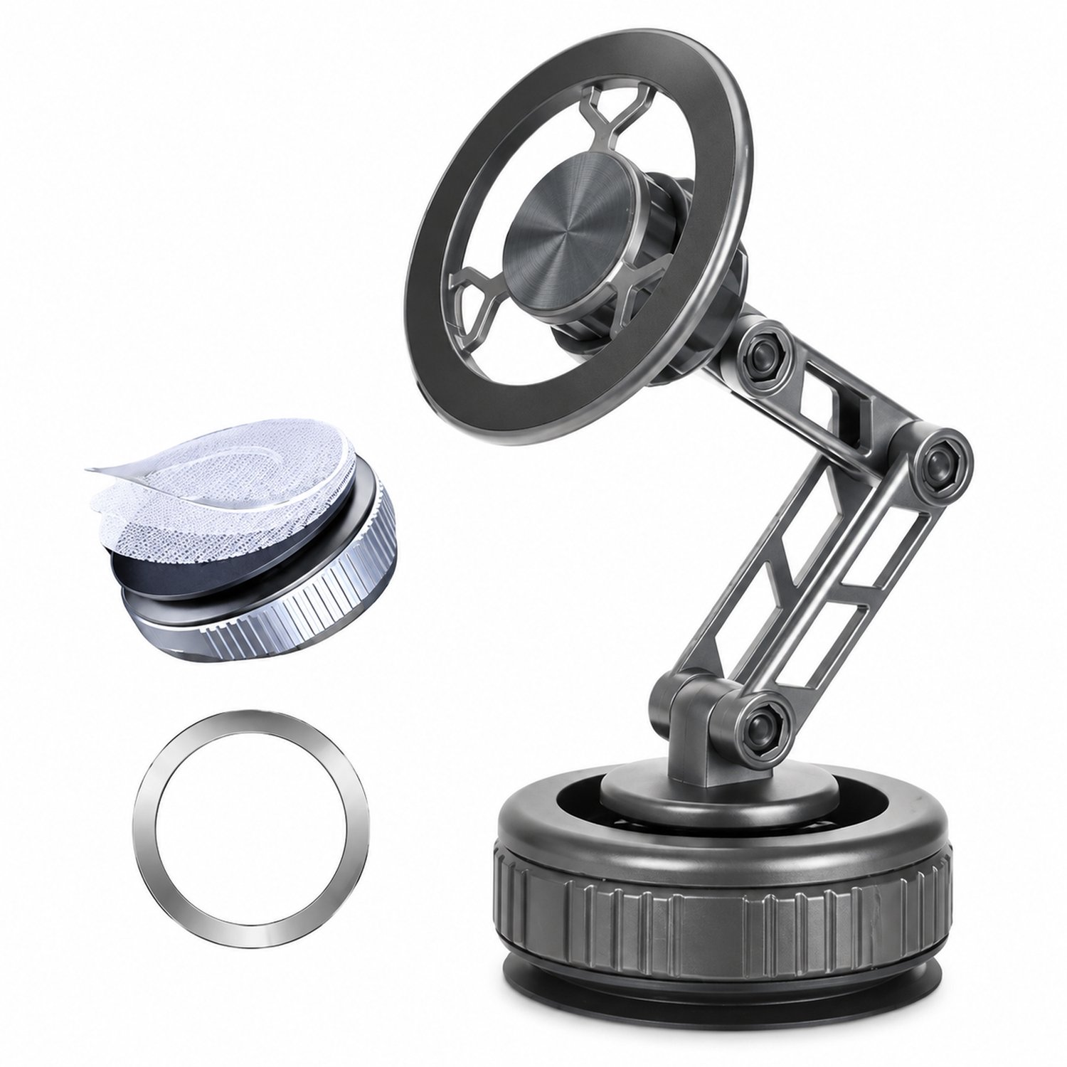 telefoonhouders auto met magnetische houderkop, vacuümvoet met nanogel, uitschuifbare arm van legering met drie delen en 360° draaibare constructie, zwart