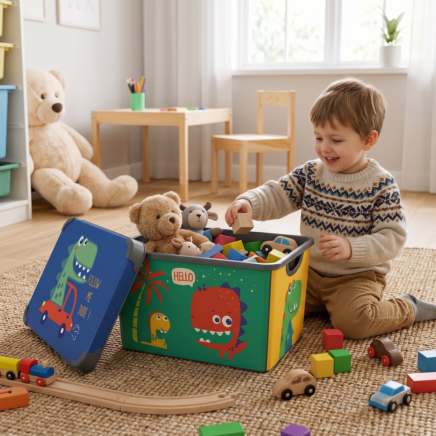INDECOR Dinosaurus Speelgoedbox 17 L met Deksel en Handgrepen - Opbergbox voor Speelgoed, Bouwblokjes en Kinderkamer – Stapelbare Organizer met Handgrepen