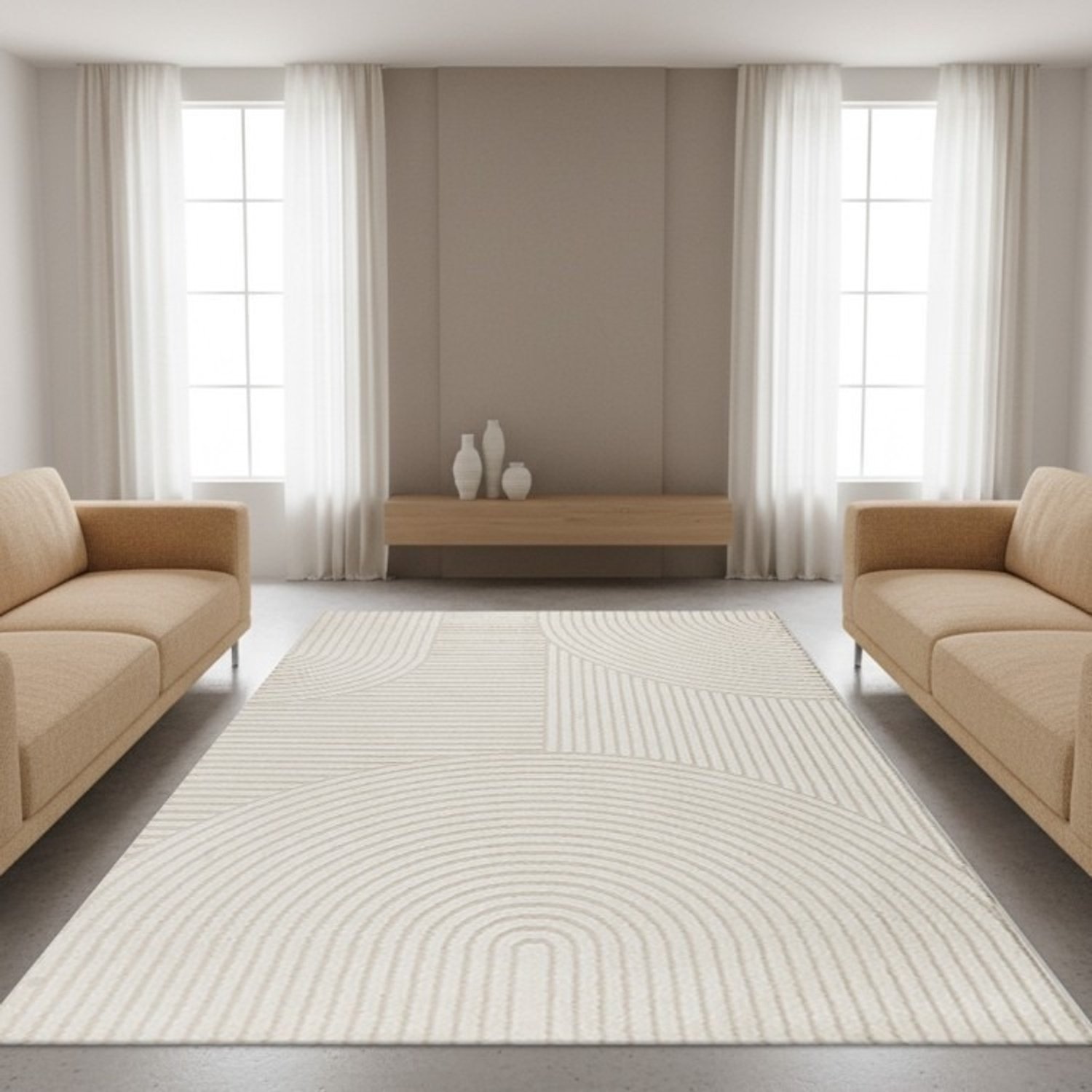 TapisTrend Designer tapijt Crème Modern vloerkleed met concentrische bogen en verhoogde geometrische lijnen voor woonkamer en slaapkamer, foto 6