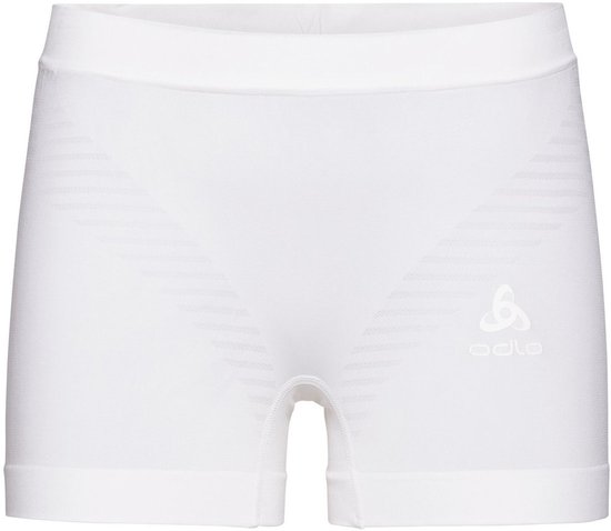 Witte naadloze Odlo sportshort met gestreept patroon en een wit Odlo-logo op de rechterheup.
