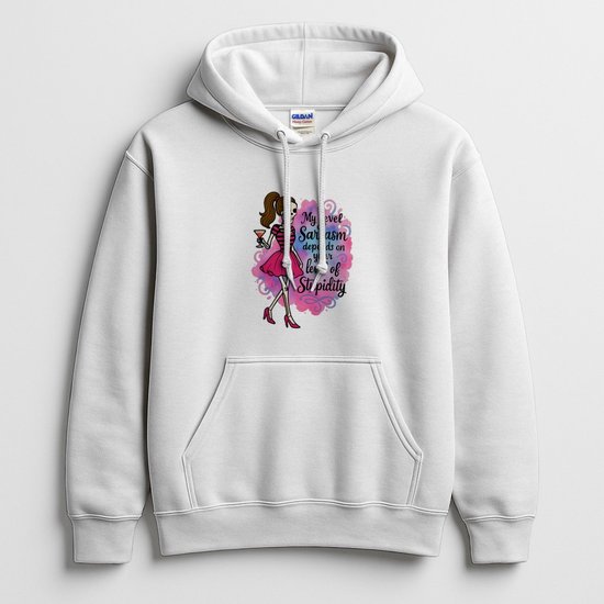 Witte unisex hoodie met een skeletfiguur in roze jurk en de tekst: My level of sarcasm depends on your level of stupidity.