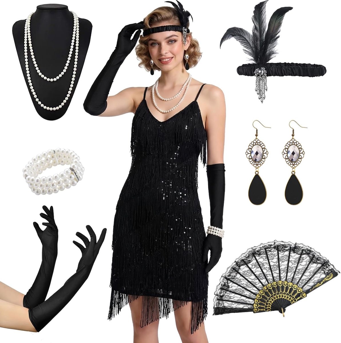 Jurken voor dames, jaren 20, Gatsby-jurk met flapperaccessoires, vintage paillettenkostuum, outfit voor Halloween, themafeest