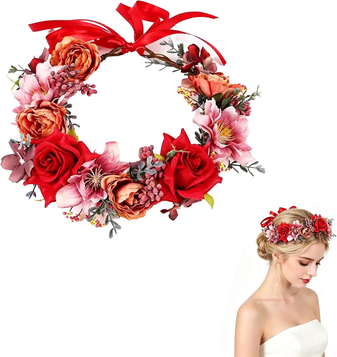 Haar, bloemen, kroon, bloemenhoofdband, verstelbaar, rood