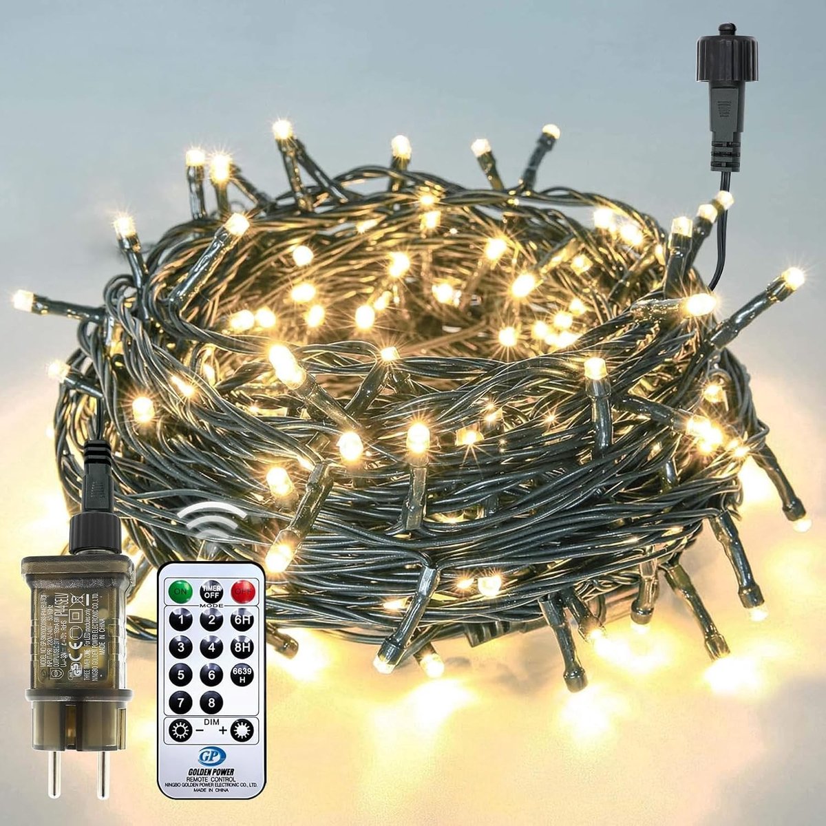 Buitenverlichting met 100 LED Warm Wit 13 m Groene Kabel - Feestverlichting voor Tuin, Bruiloft, Kerst met Afstandsbediening en Timer, 8 Modi Waterdicht
