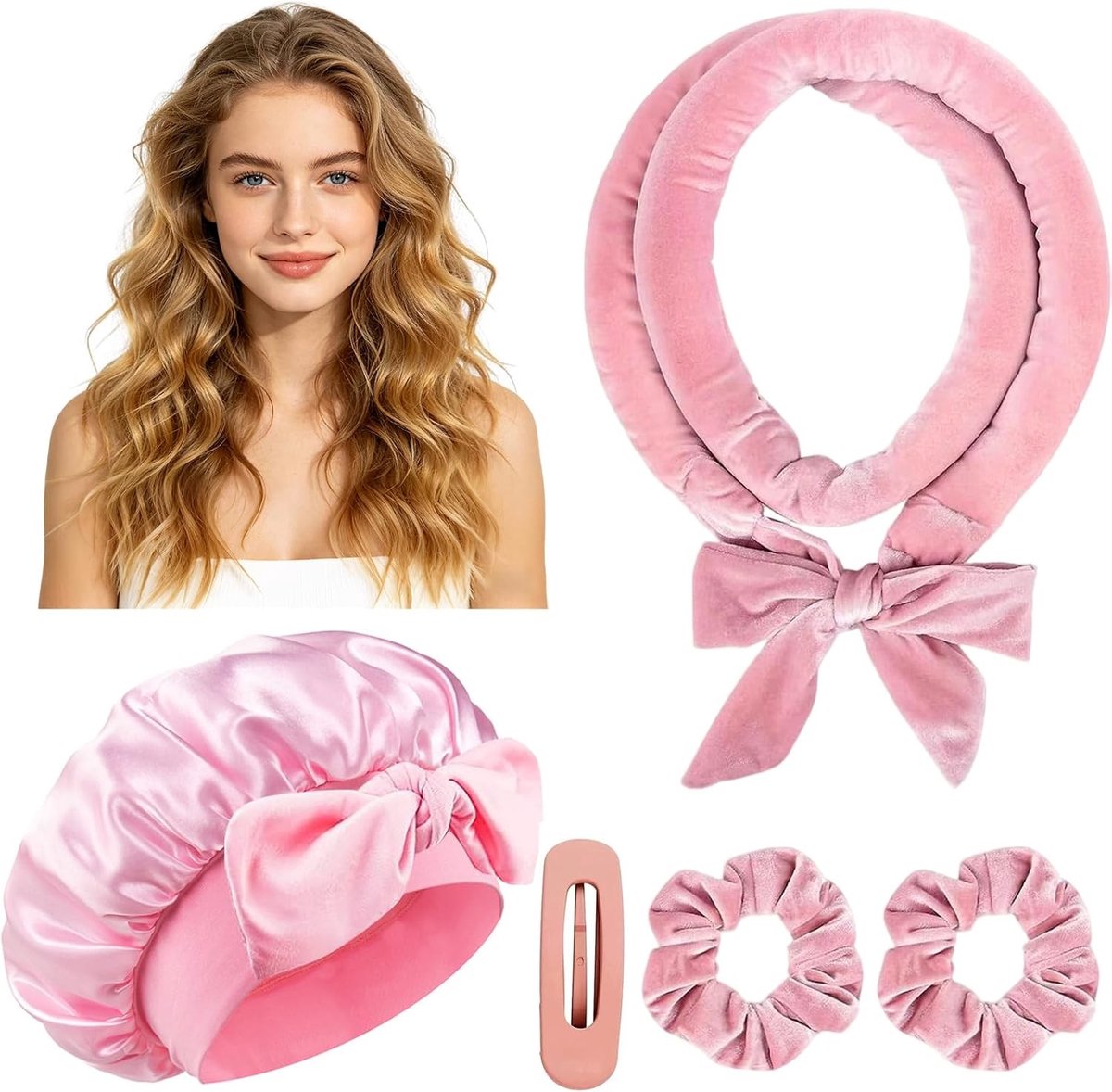 Heatless curls - Satijn wit - 5-delig set - Hittevrije krulband en slaapmuts - Voor alle haartypes