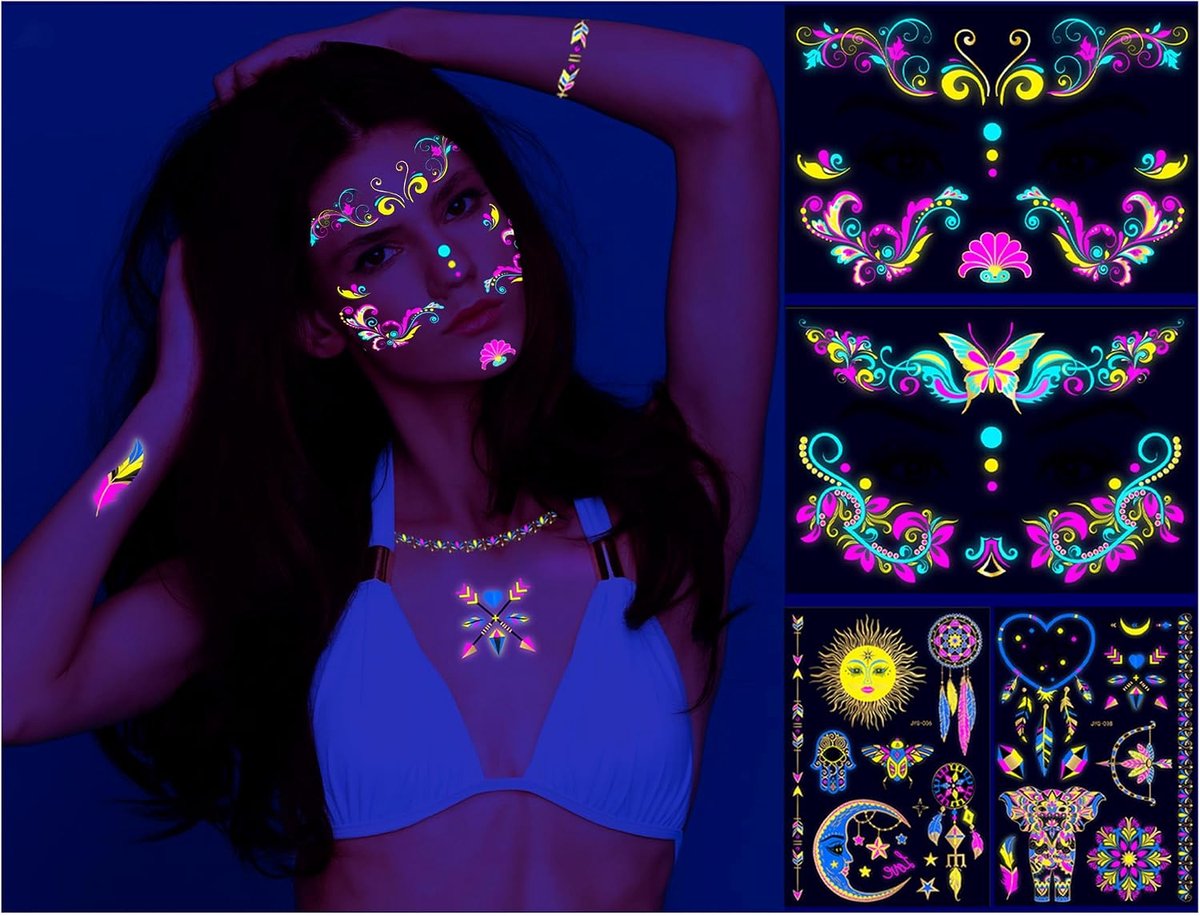 Tijdelijke tatoeages, 4 vellen, fake tatoeages, voor volwassenen en kinderen, festivalaccessoires, lichtgevende tatoeage onder neon uv-blacklight, fluorescerende kleeftatoeages, grappige feestgadgets