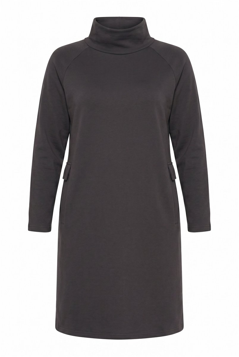 Ulla Popken Dames - Midi-sweatjurk zakken opstaande kraag lange mouwen - Zwartbruin - Maat 42+