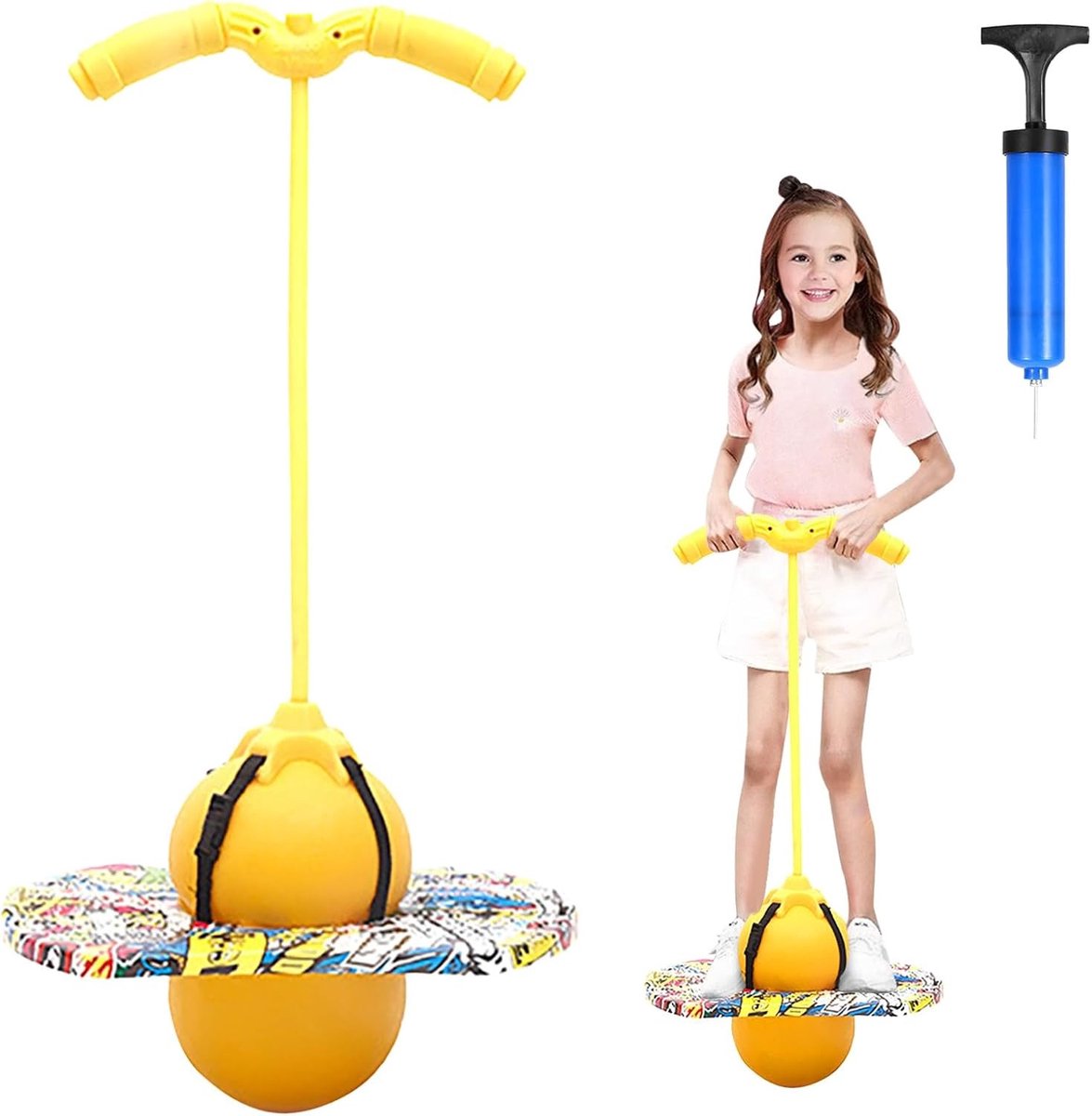 Pogo Ball met Handvatten, Springbal voor Kinderen, Bal met Luchtpomp voor Evenwichtstraining en Actieve Spellen, Cadeau voor Kinderen vanaf 6 Jaar (Geel)