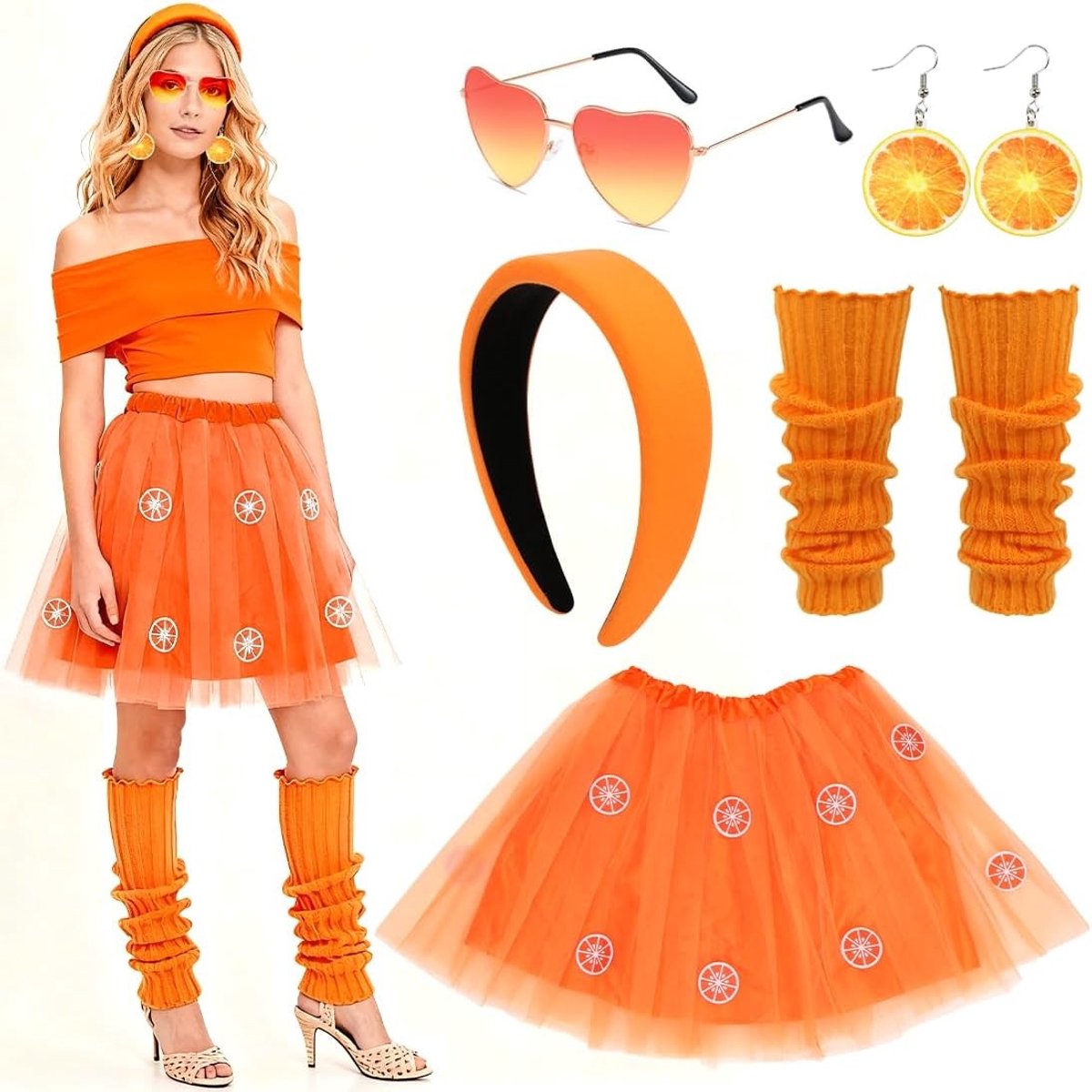Aperol Spritz Kostuum voor Vrouwen met Tulle Rok, Oranje Haarband en Accessoires voor Carnaval en Feestjes