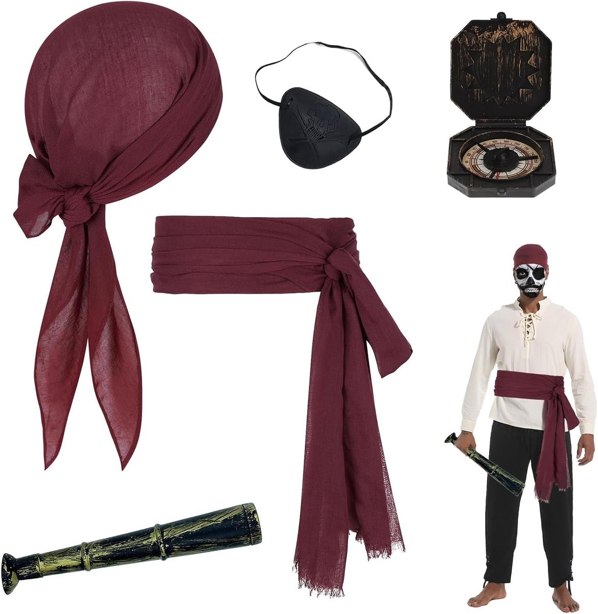 Hoogwaardige Piraten Kostuum Accessoires - Piraten Bandana, Sjaal, Ooglapje, Anker Hanger en Renaissance Kostuum voor Halloween Feest en Verkleedpartijen