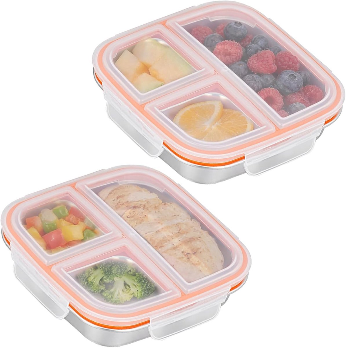 Set van 2 RVS Snackdozen met 3 Compartimenten, Herbruikbare Bento Lunchdoos voor Kinderen en Volwassenen, Lekvrije Snackbox voor School, Werk en Kamperen