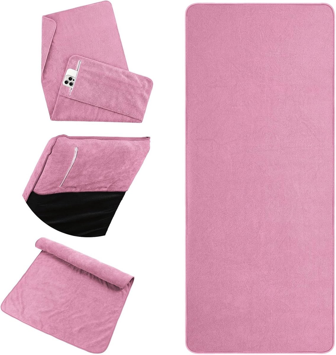 Microfibre Handdoek 50 x 125 cm, Sneldrogend en Lichtgewicht, Ideaal voor Sport, Yoga en Buitenactiviteiten, Roze met Ritscompartiment