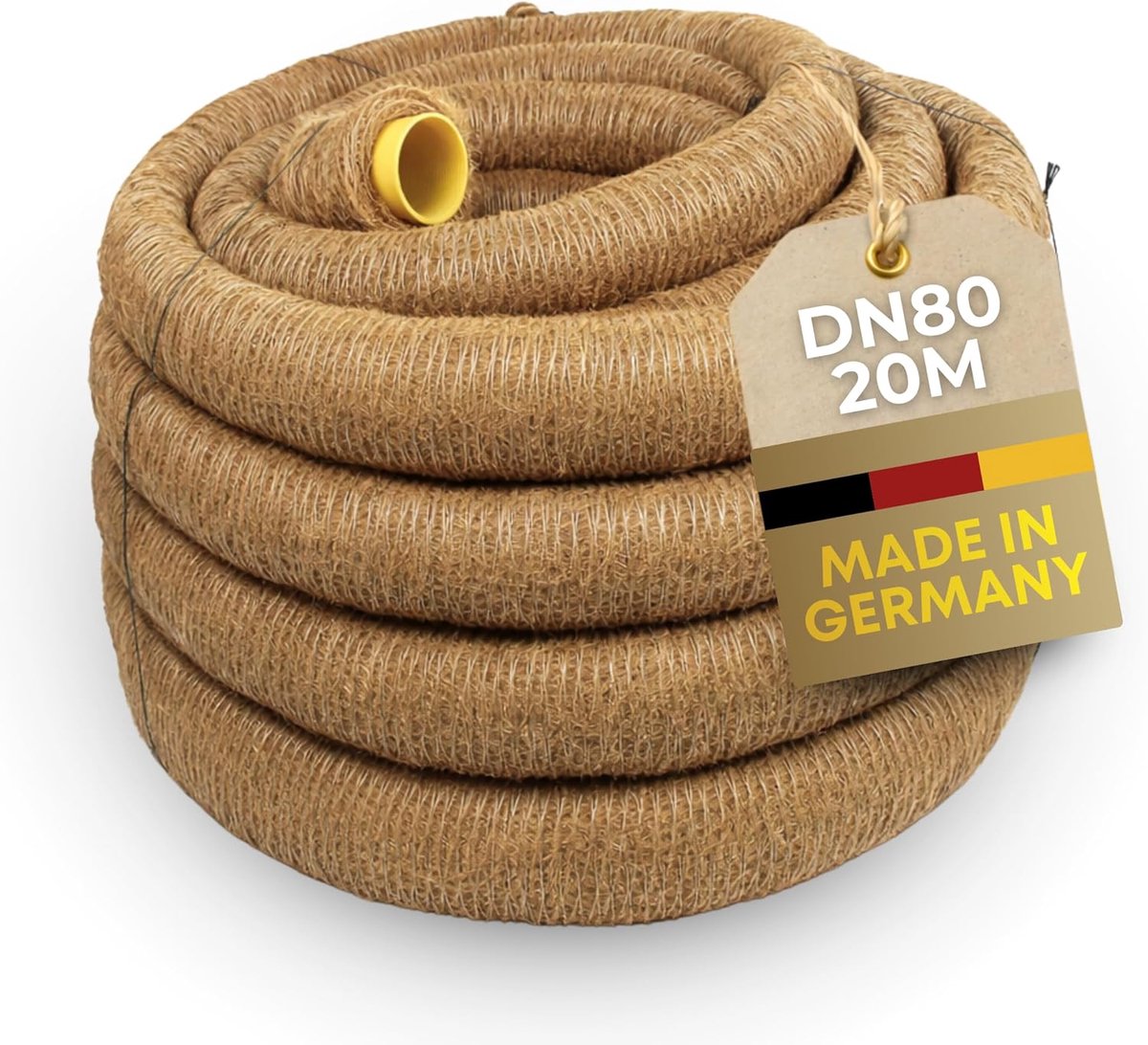 Drainagebuis DN80 20 m met kokosmantel, geperforeerde pvc-sikkelbuis, flexibel en gegolfd, natuurlijke filterwerking tegen modder