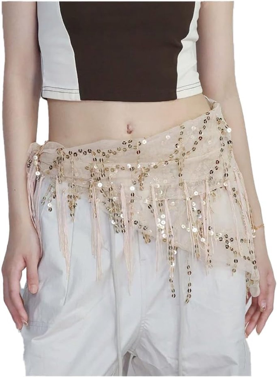 Heupdoek met pailletten riem heupsjaal rok wrap heupdoeken glitter pailletten buikdans kostuum heupdoek accessoires voor vrouwen en meisjes abrikoos