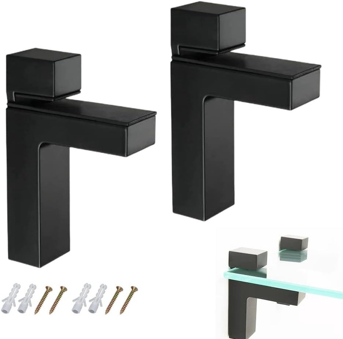 Set van 2 Verstelbare Glazen Plankhouders, Wandmontage voor 2-38mm Dikke Glasplaten en Houten Planken, F-Vorm, 98 x 75 mm (Zwart)