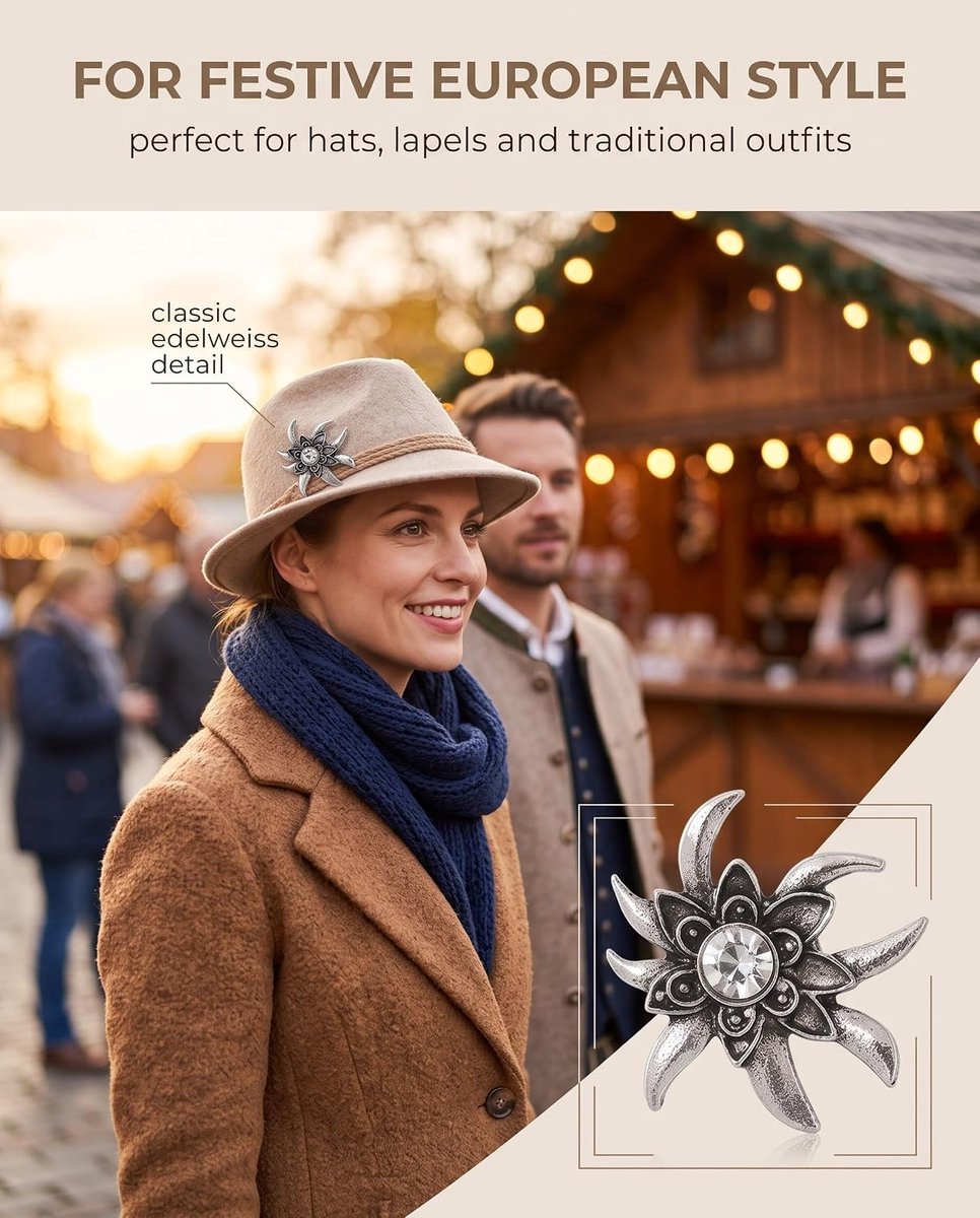 1 stuks edelweiss broche witte hoedpin hoedbadge voor dirndl & hoed, traditionele klederdrachtspeld voor Oktoberfest, leren broek, janker & klederdrachtmode