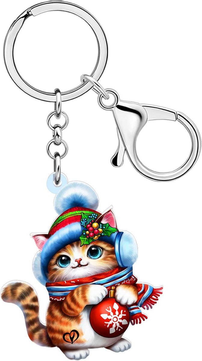 Vakantie Tabby Kat Sleutelhanger Xmas Kattenliefhebber Geschenken voor Vrouwen Meisje, Kerst Sleutelhanger Portemonnee Accessoires Tas Charm