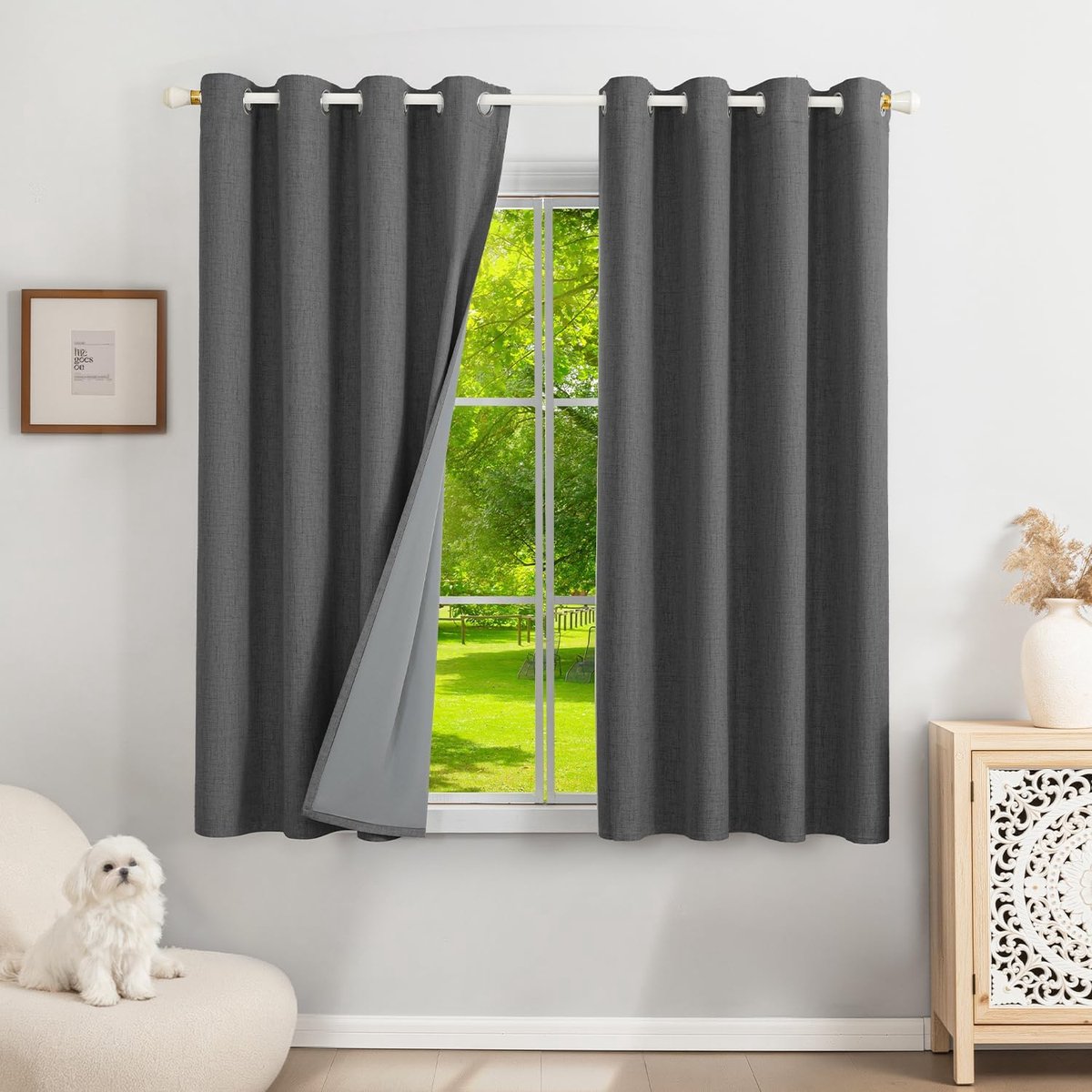 100% Gordijn, Thermisch Isolerend, Anti Warmte 140x145, Set van 2 Linnen Gordijnen voor Ramen, Ondoorzichtig met Ogen, Grijs, Anti Kou, UV, Geluid, Interieurdecoratie, Kledingkast, Woonkamer