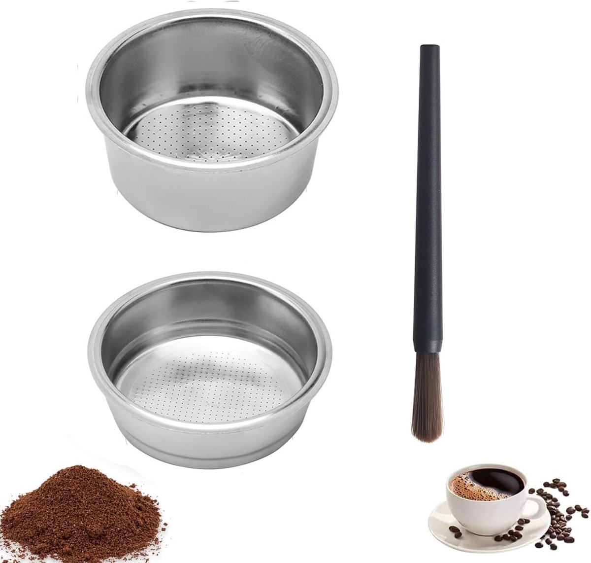 51 mm filtermand, 2 stuks roestvrijstalen koffiefiltermand, herbruikbare koffiefiltermand, drukloze koffiefiltermand, met koffiemolen, reinigingsborstel, koffiemachine-accessoires voor thuiskantoor